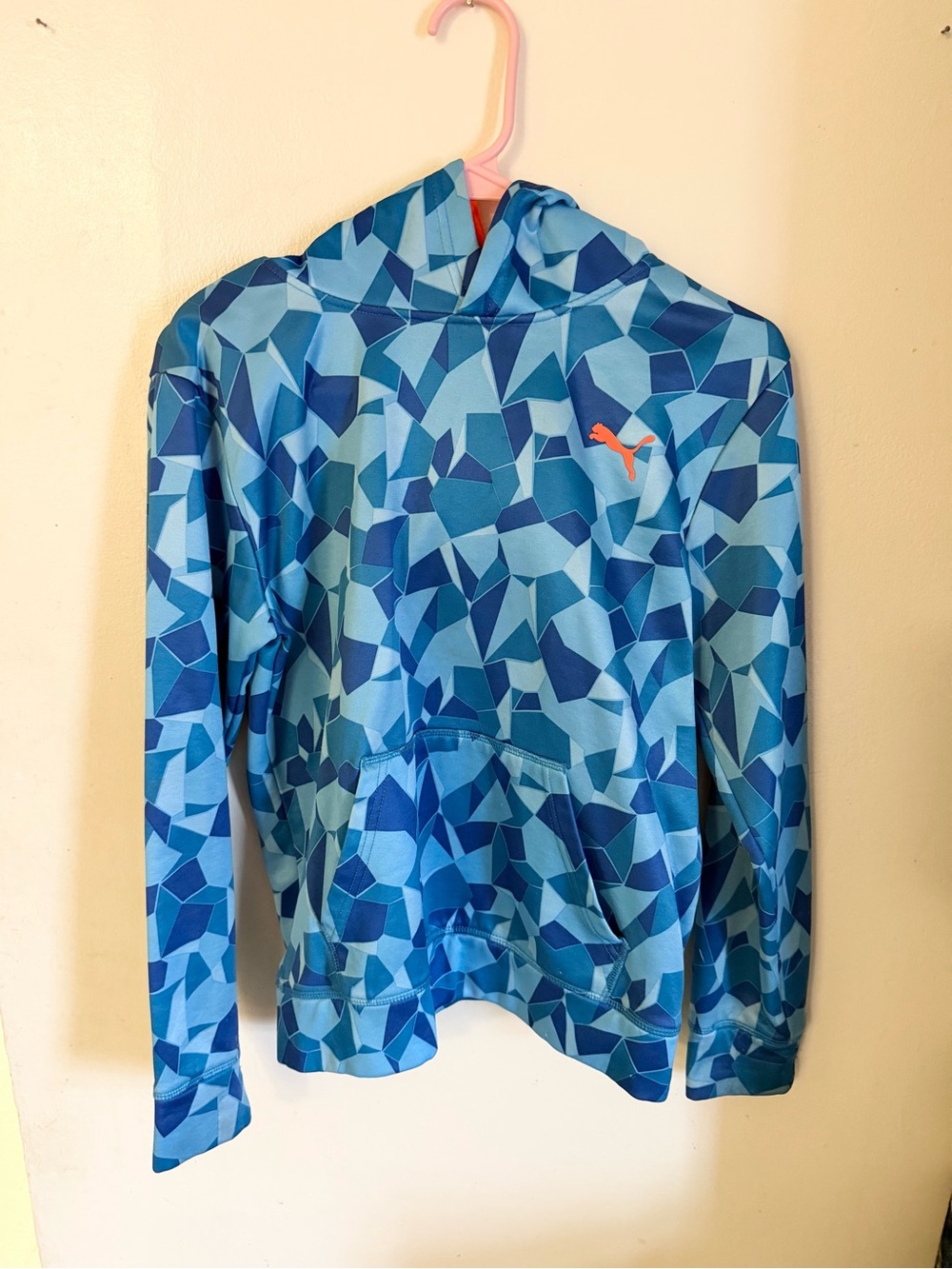 Puma Blue Geometric Hooded Sweatshirt with Orange Puma Emblem